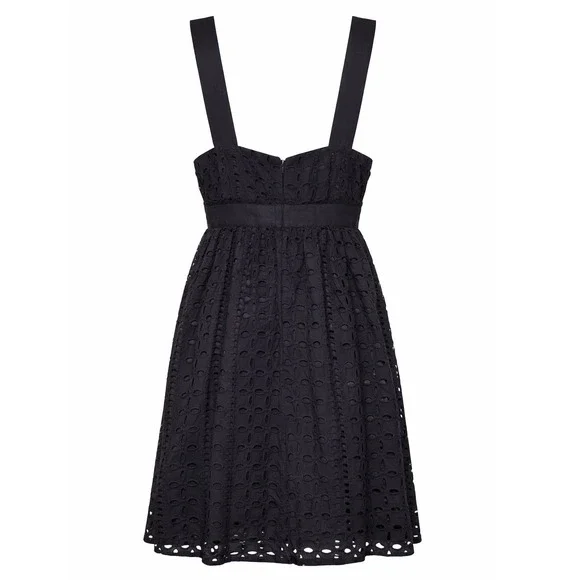Forever 21 Black Eyelet Cotton Mini Dress V-Neck Bow Jewel Empire Waist Small - Picture 3 of 4